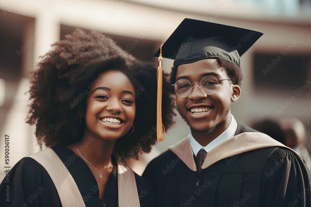 Beautiful black american young man and woman wearing a graduation cap ...
