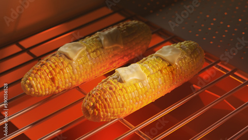 Grilling two cobs of corn on barbecue grill - 3d render (ID: 590036528)