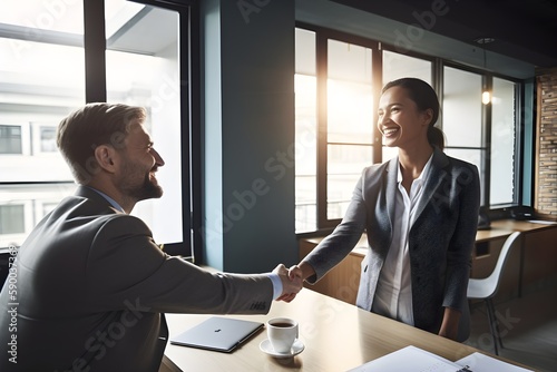 Two smiling businesspersons shaking hands and making a deal