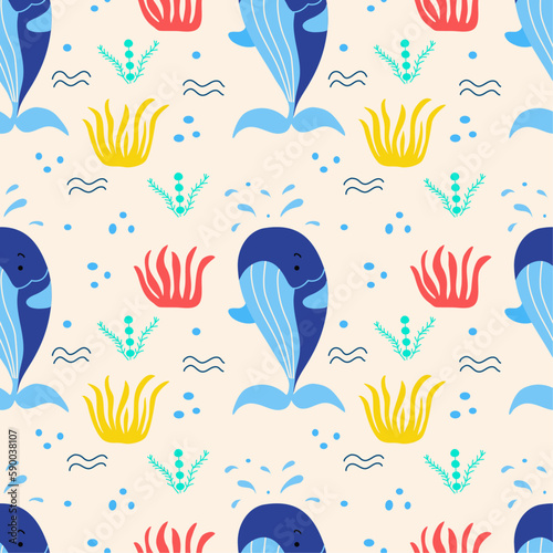 Seamless pattern with cute funny whale  and seaweed on a pink background. Vector graphic perfect for wallpaper  wrapping paper  for designing prints on textiles  clothes  pillows.