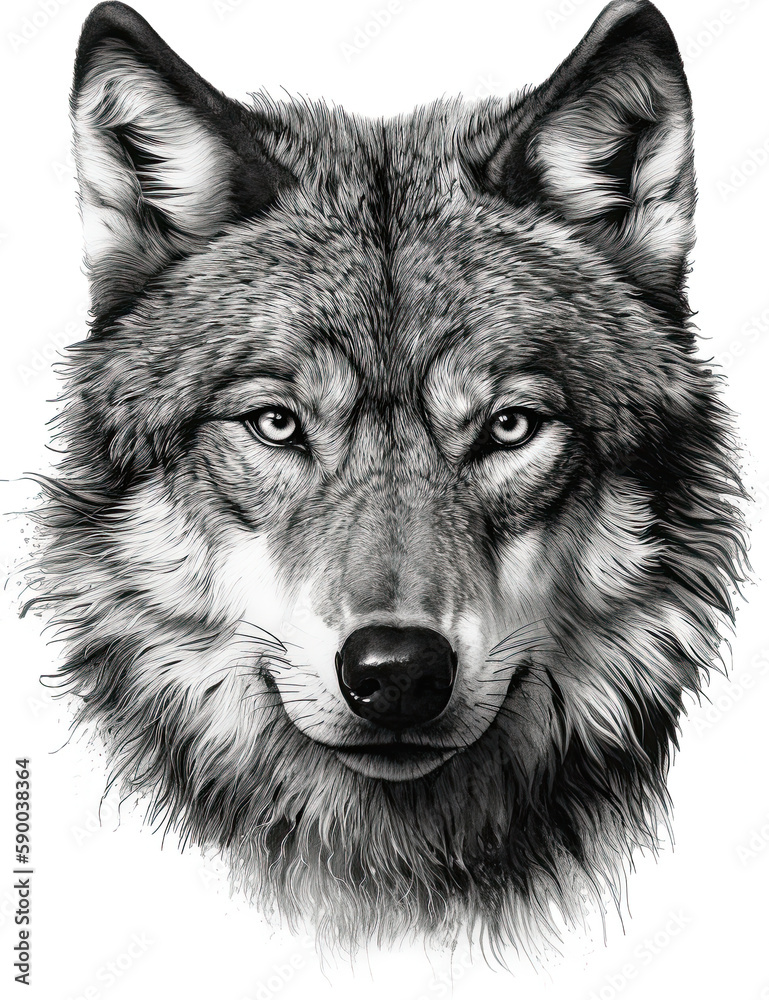 Wolf Face Illustration, Sketch, Majestic, Graphical Resource, Logo, T Shirt, Graphic Design. Generative AI