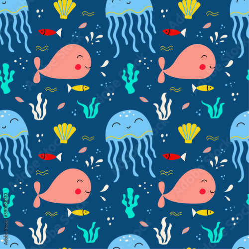 Seamless pattern with cute funny whale, jellyfish, fishes  and seaweed on a blue background. Vector graphic perfect for wallpaper, wrapping paper, for designing prints on textiles, clothes, pillows. © Irina
