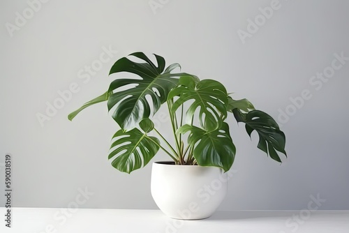 Fototapete clean image of a large leaf house plant Monstera deliciosa in a gray pot on a wh