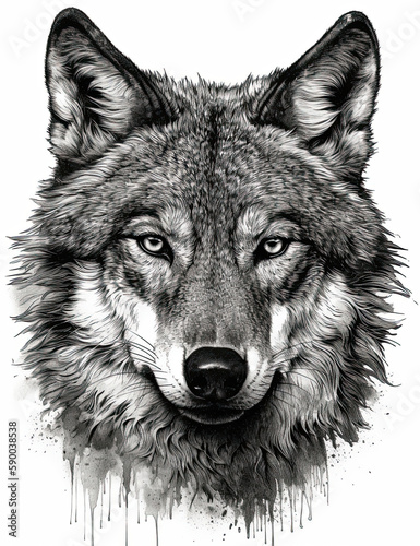 Wolf Face Illustration, Sketch, Majestic, Graphical Resource, Logo, T Shirt, Graphic Design. Generative AI