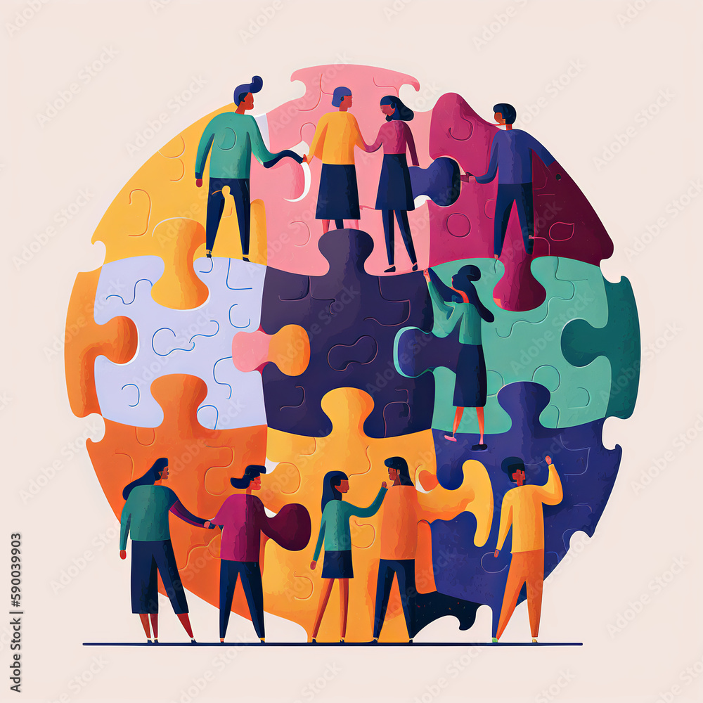 Obraz premium Group of people holding pieces of a puzzle, representing teamwork and communication. Inviting warm colors, composition suggests inclusion and cooperation. Generative AI