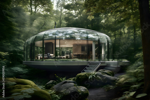 Energy-saving house of the future in nature, futurism, Generative AI