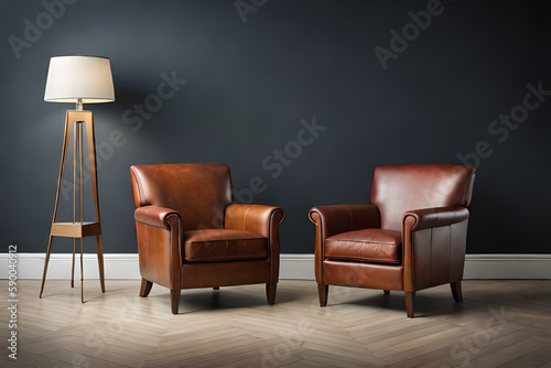 Living room with two beautiful and stylish brown leather armchairs in front of a dark empty wall with a lamp | Interior design of a modern and luxurious living room | Generative Ai | Indoor Décor
