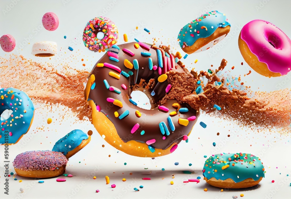 Colorful donuts falling isolated on white background with sprinkling. Sweet confectionery flying. Panorama banner. Generative AI