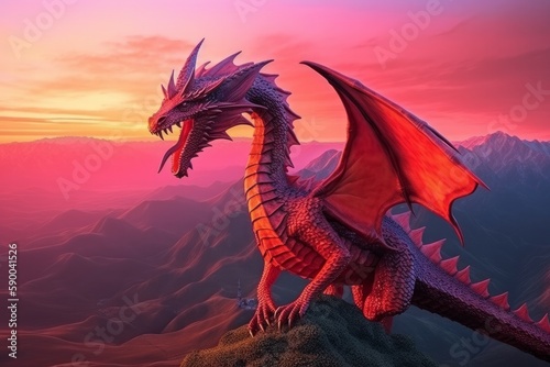 A beautiful red dragon on the mountains. Generative AI.
