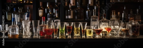 Fototapeta Nightlife concept with assorted alcoholic beverages arranged on a wooden bar counter with bottles of alcohol and utensils in a close up view