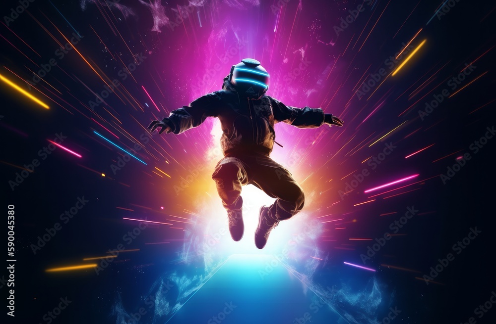 A poster that shows a person jumping up and down in joy with dramatic lighting effects in cypherpunk style. Generative AI.