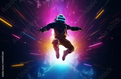 A poster that shows a person jumping up and down in joy with dramatic lighting effects in cypherpunk style. Generative AI. © TrueAI