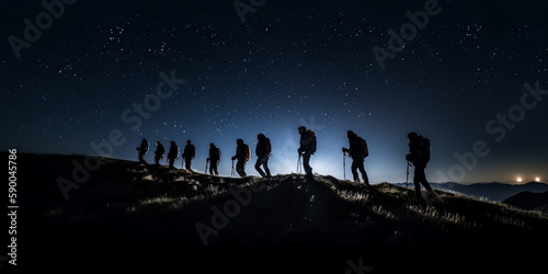 Group of Hikers climbing a mountain by starlight in the night, low angle - Generative AI