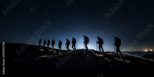 Group of Hikers climbing a mountain by starlight in the night, low angle - Generative AI © Luca