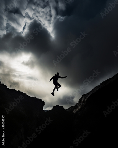 Athletic silhouetted man jumping from one cliff to another in gloomy weather - Generative AI