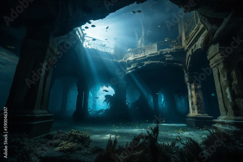 Sunken underwater temple overgrown with sea fauna and surrounded by fish, lit by god rays - Generative AI