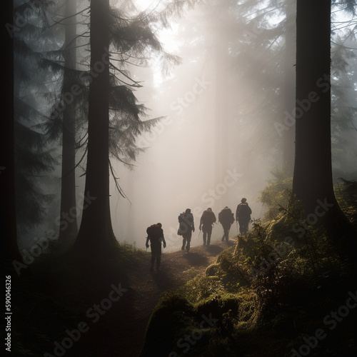 Group of five hikers travelling through misty green and overgrown forest, god rays peaking through the mist - Generative AI © Luca