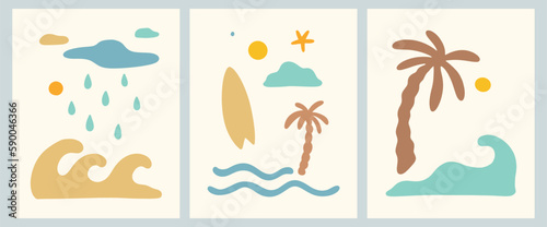 Boho Beach Tropical Landscape Nursery Earthy Wall Art Island Hand-Drawn Vector Illustration Set	
