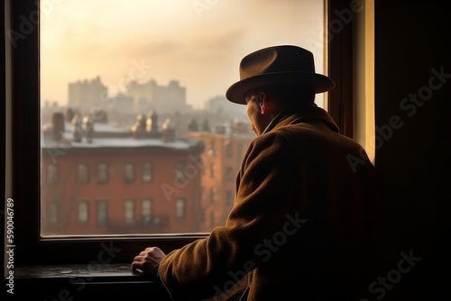 A worker with a hat and jacket at a window with the city seen. Generative AI.