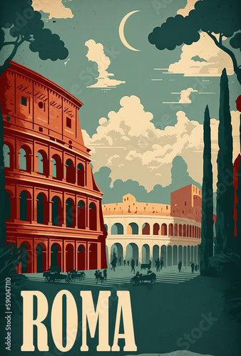 An vintage 1950s Rome poster featuring the Colosseum and Pantheon in the background. Grey cloudy sky with vivid colors and flat design. Generative AI