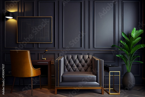 Modern interior design for home  office  interior details  upholstered furniture against the background of a dark classic wall. Generative Ai.