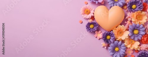 Mother s Day  Mom s Day or Women s Day or Valentines day flowers composition with hearts and copy space on pastel background. 3d style. Generative Ai.