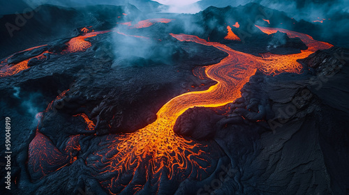 Fire and Water Below, An Aerial View of Volcanic Landscape. Generative AI.