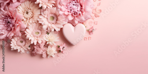 Mother's Day, Mom's Day or Women's Day or Valentines day flowers composition with heart copy space on pastel background. 3d style. Generative Ai.