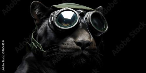 panther wearing night vision goggles, animal banner with empty space for text (created with Generative AI)