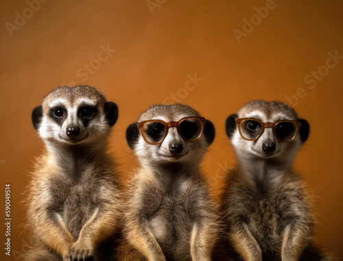 a trio of meerkats wearing stylish sunglasses and striking a pose, animal banner with empty space for text (created with Generative AI)
