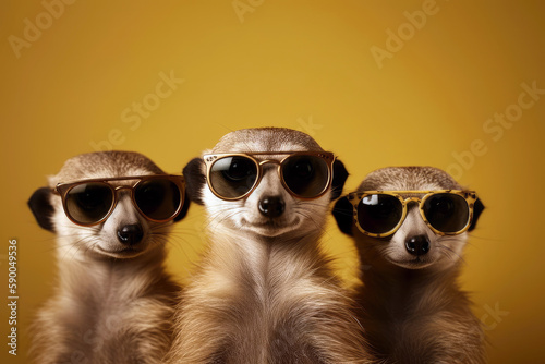 Fotografie, Obraz a trio of meerkats wearing stylish sunglasses and striking a pose, animal banner