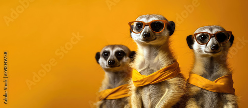 Fototapeta Naklejka Na Ścianę i Meble -  a trio of meerkats wearing stylish sunglasses and striking a pose, animal banner with empty space for text (created with Generative AI)