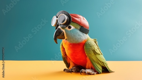 Parrot wearing a pilot's hat and sitting in a toy airplane, with a copyspace. Generative ai.