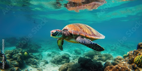 Turtle swimming underwater with a coral reef. With copyspace. Generative ai. © MADMAT