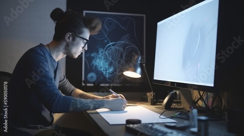 Artist in their graphic design studio, working on a computer and surrounded by creative tools, with a copyspace. Generative ai.