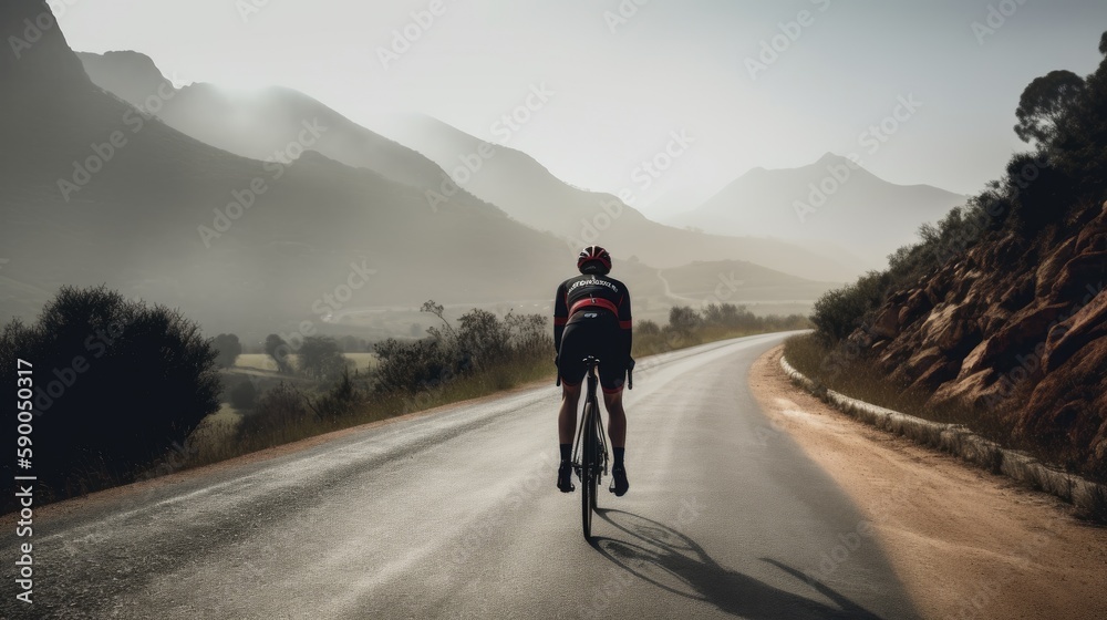Cyclist on a mountain road, wearing cycling gear and riding a bike, with a copyspace. Generative ai.