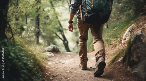 Hiker on a trail, wearing hiking boots and carrying a backpack, with a copyspace. Generative ai.