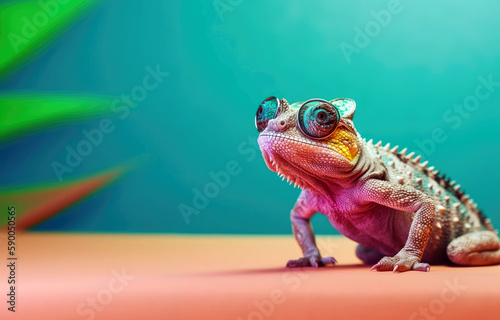 quirky chameleon posing with a variety of stylish sunglasses, animal banner with empty space for text (created with Generative AI)