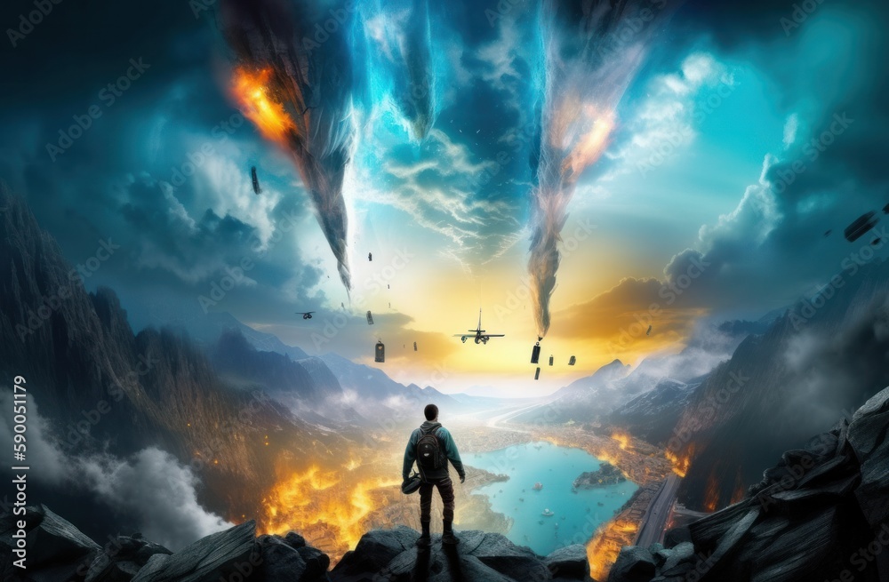 Fototapeta premium Imaginary game image of the main character standing on the mountain and watching how a city is on fire by an attack. Generative AI.