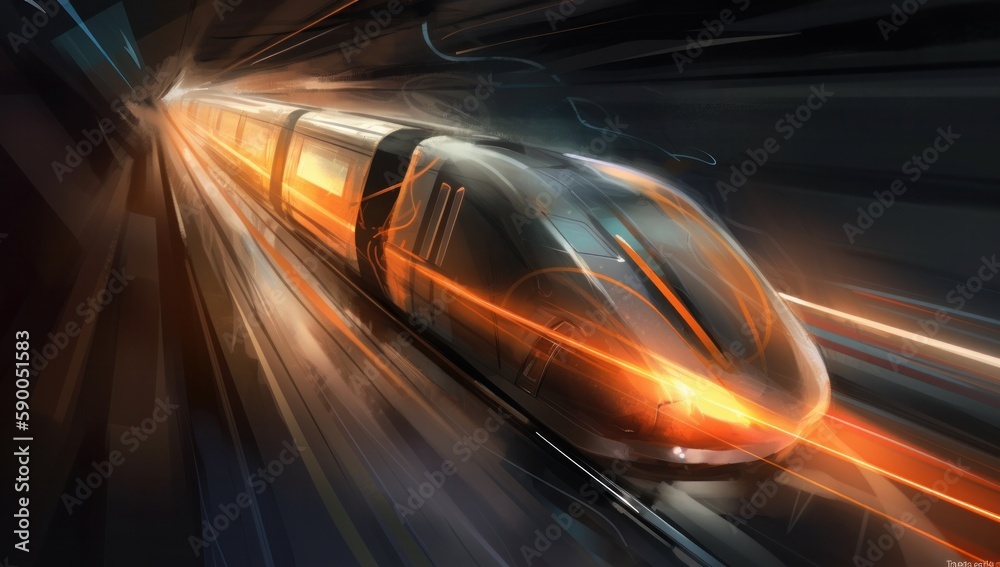 A high-speed train, in the style of futuristic cyberpunk, dark silver and light orange colors. Generative AI.
