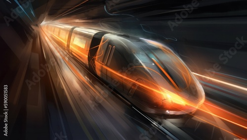 A high-speed train  in the style of futuristic cyberpunk  dark silver and light orange colors. Generative AI.
