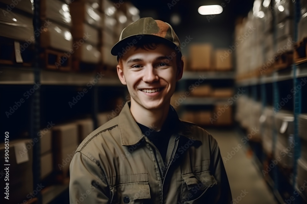 Portrait of a happy male employee at manufacturing industry with stacked of cardboard boxes. Warehouse worker. Storage background. Generative ai.
