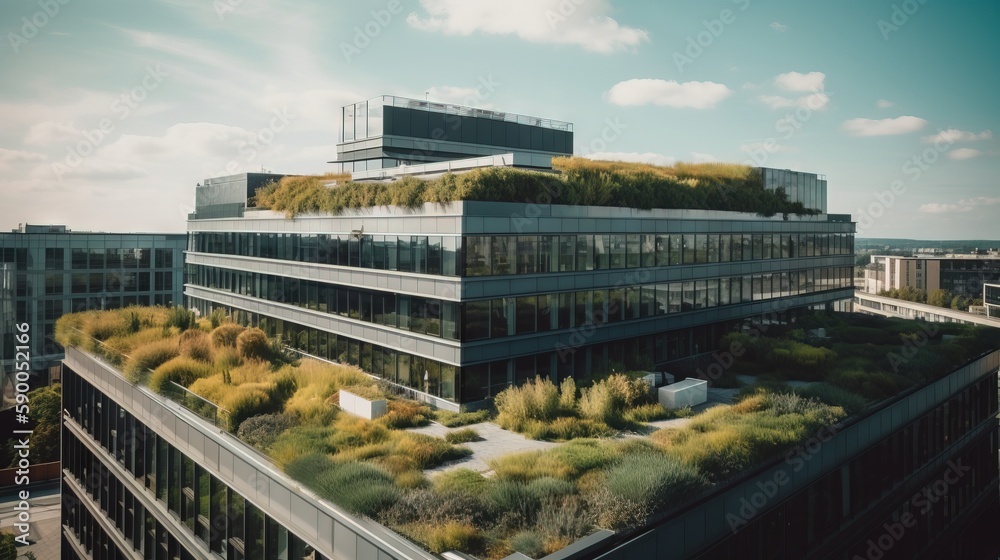 a building with a green roof on top of it with a sky background and ...