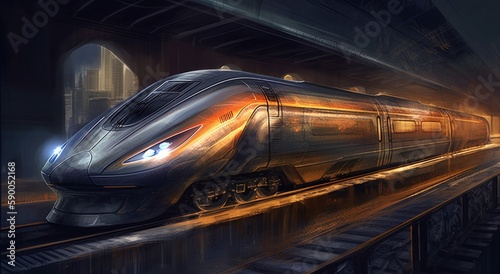 A high-speed train twilight  in the style of futuristic cyberpunk  dark silver and light orange colors. Generative AI.