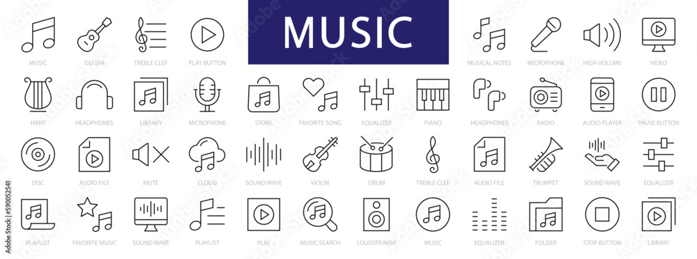 Music thin line icons set. Simple Music editable stroke icons. Music, Audio, Sound icons. Vector illustration - obrazy, fototapety, plakaty 