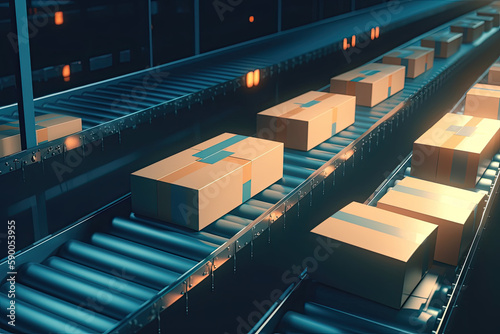Canvas Print Cardboard boxes on conveyor belt in warehouse