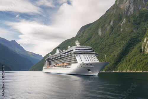 Large cruise ship in fjords. Tourism vacation and summer traveling. Luxury liner ship in beautiful landscape with mountains. Created with Generative AI © Lazy_Bear