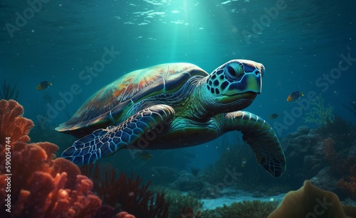 The turtle swims under the water. Generative AI.