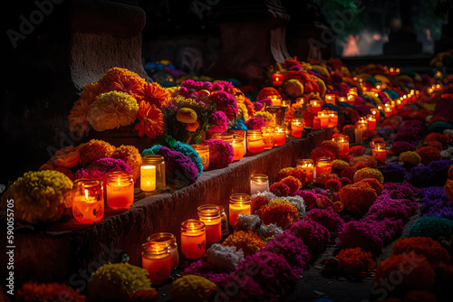 Flowers and candles. Day of the Dead cemetery at night, Mexico. Generative AI