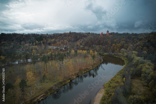 Above aerial shot of green pine forests and yellow foliage groves with beautiful texture of golden treetops. Beautiful fall season scenery in evening. Mountains in autumn colors in golden time